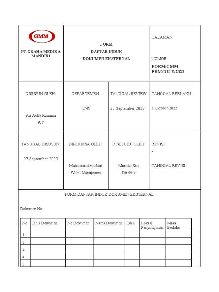 Form Daftar Induk Dokumen Eksternal | PDF