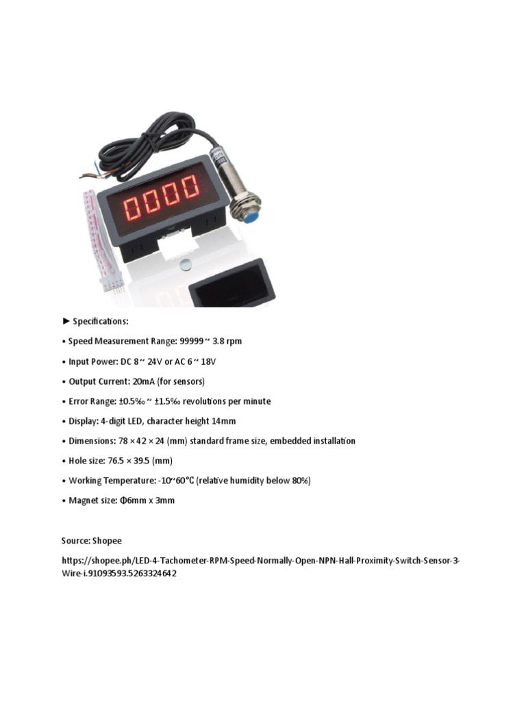 LED Tachometer RPM Sensor Specs | PDF