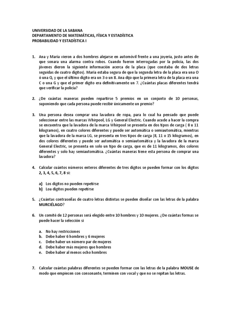 Problemas de Combinatoria y Probabilidad | PDF | Artes del Lenguaje y ...