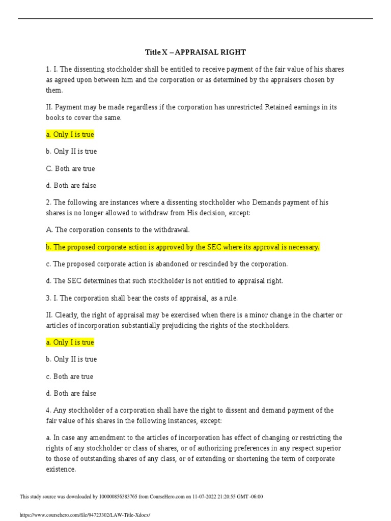 APPRAISAL RIGHTS EXPLAINED | PDF | Corporations | Stocks