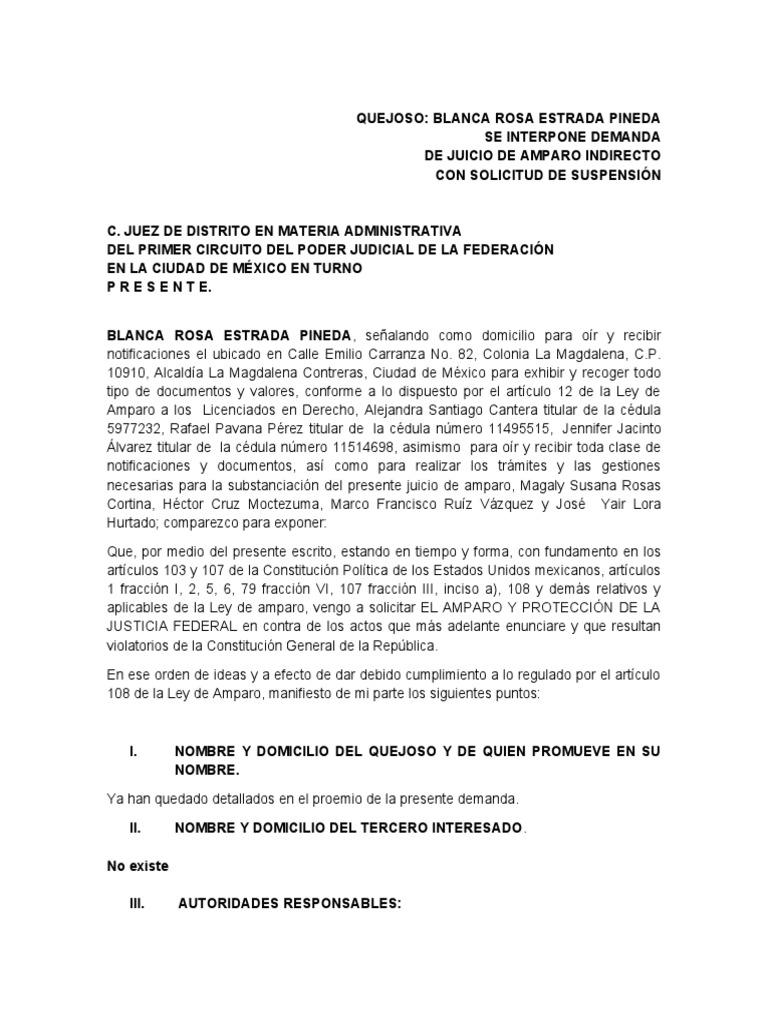 Demanda de Amparo Indirecto de Estrada | PDF | Caso de ley | México