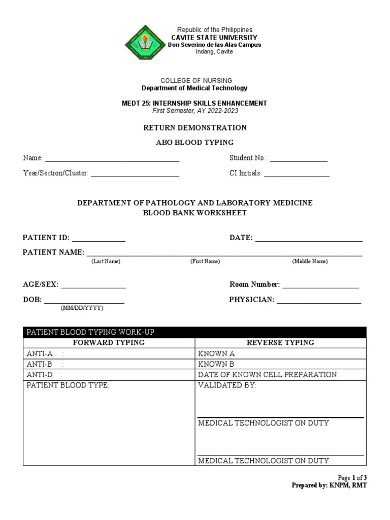 Return demonstration worksheet blood typing download free pdf