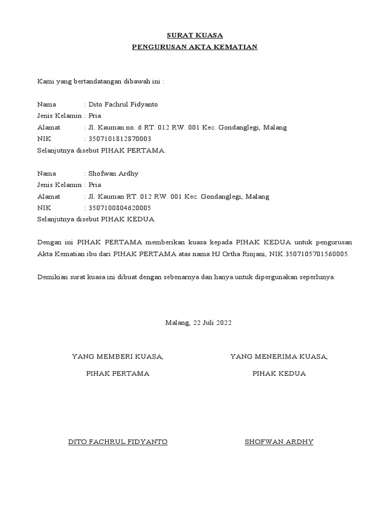 Surat Kuasa Akta Kematian | PDF