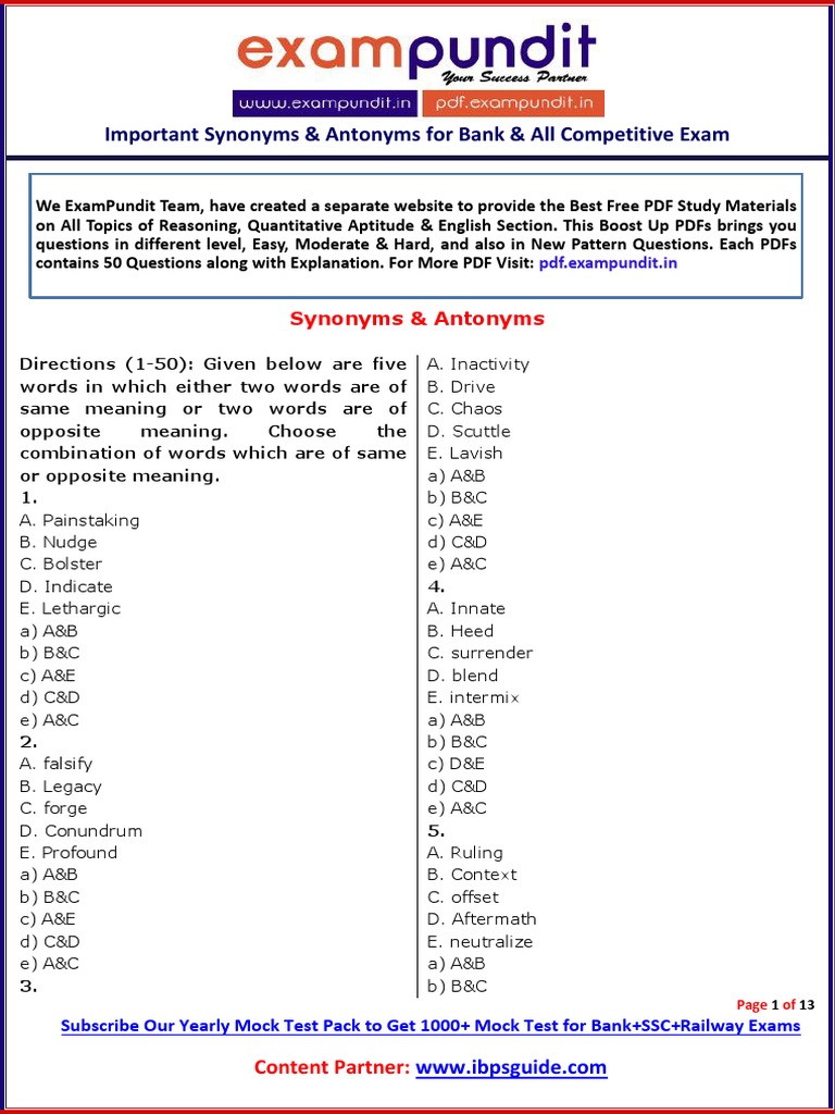 Synonyms & Antonyms for Bank Exams | PDF | Linguistics | Grammar