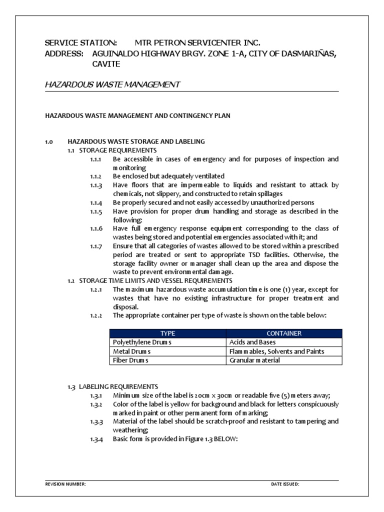 Hazardous Waste Management & Contingency Plan PDF Waste Management