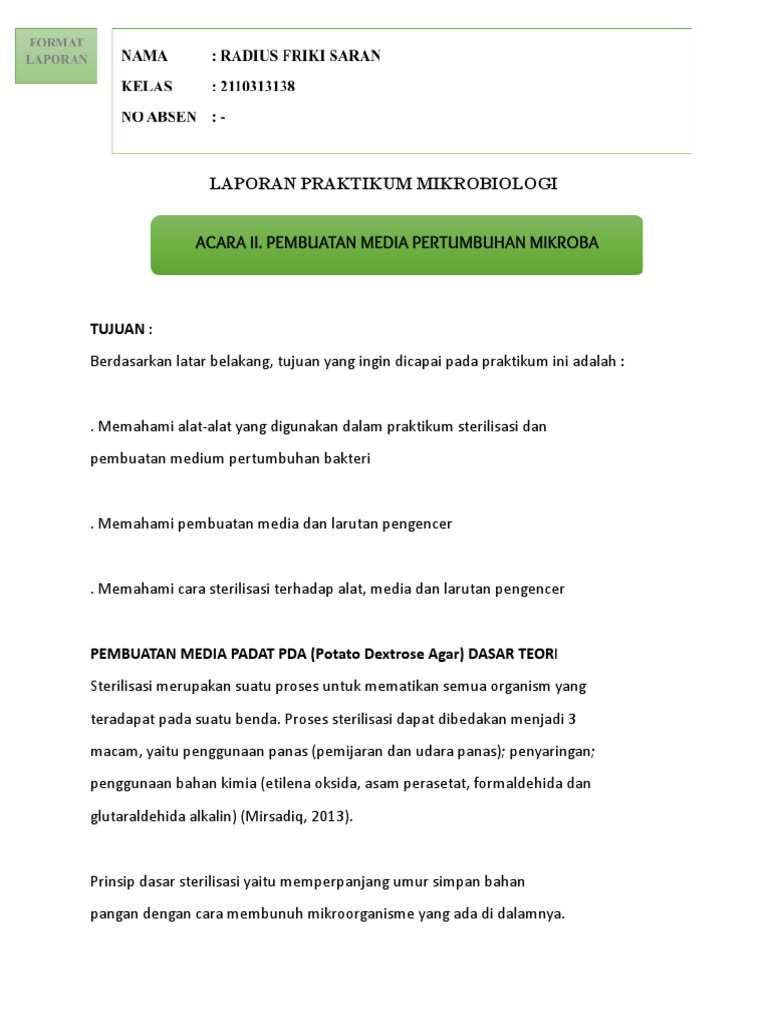 Form Laporan Praktikum Acara II. Pembuatan Media Pertumbuhan Mikroba | PDF
