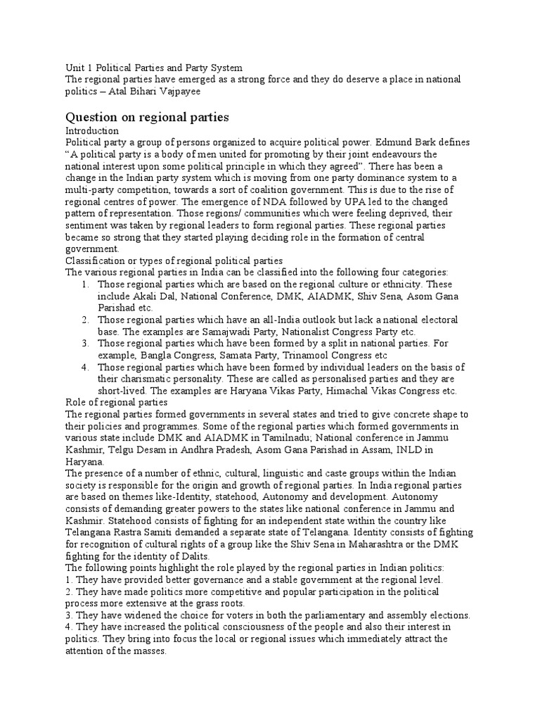 Regional Parties in India's Politics | PDF | Indian National Congress ...