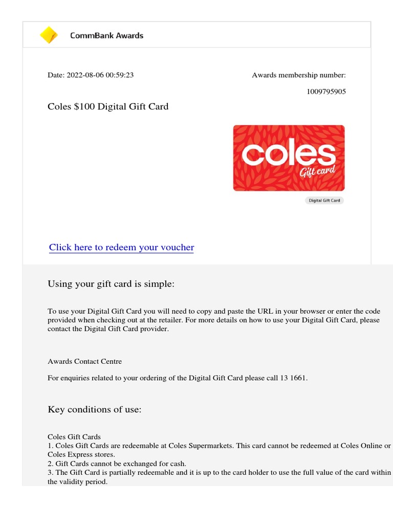 Coles $100 Digital Gift Card: Click Here To Redeem Your Voucher | PDF