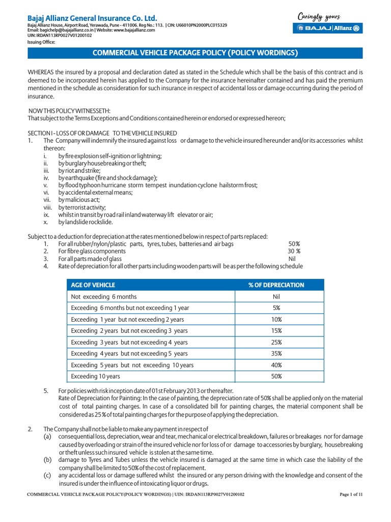 Commercial Vehicle Policy Wording PDF Indemnity Insurance