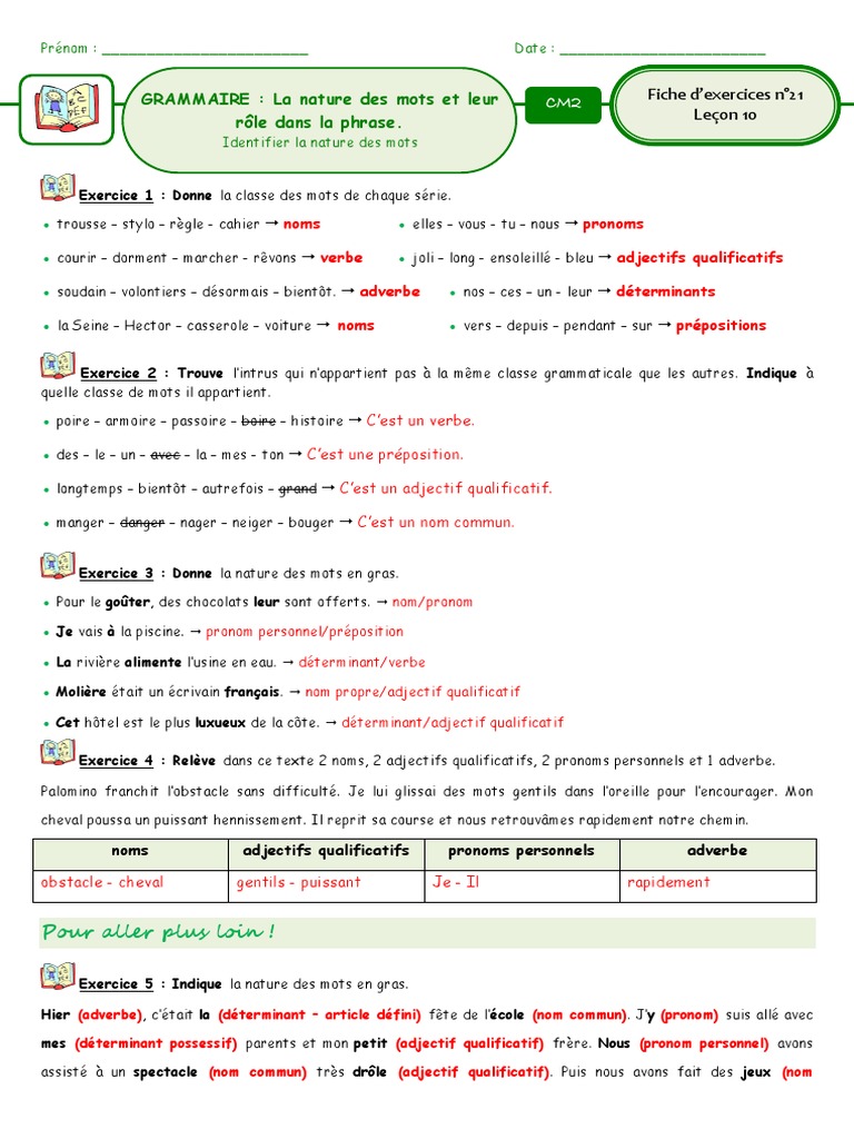 Nature Des Mots Ce1 Exercices Pdf Fiche 21 La Nature Des Mots Et Leur Role Dans La Phrase Correction | PDF |  Nature (grammaire) | Pronom