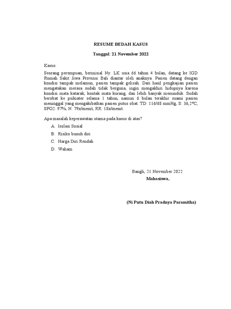 Resume Bedah Kasus Igd Jiwa - 2214901093 - Ni Putu Diah Pradnya