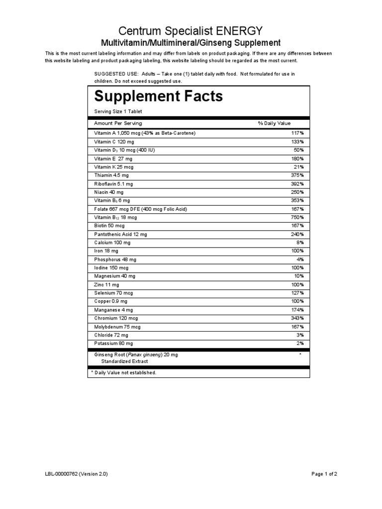 Centrum Specialist Energy Supplement Facts PDF Dietary Supplements