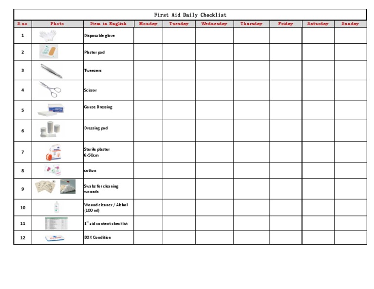First Aid Daily Checklist Tracker | PDF