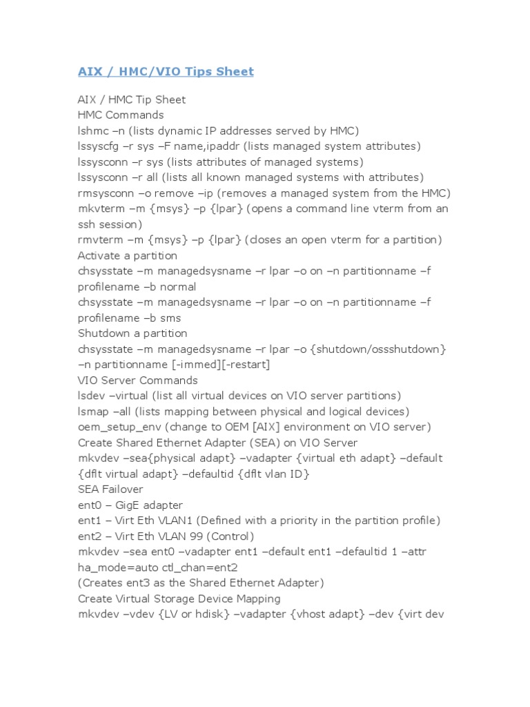 AIX HMC/VIO Commands Cheat Sheet | PDF | Computer Data | Internet Protocols