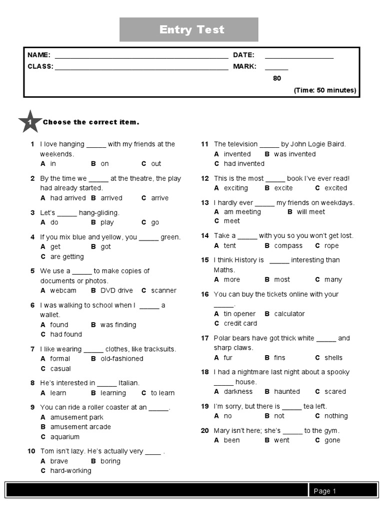 Fairyland 6 INT Entry Test | PDF