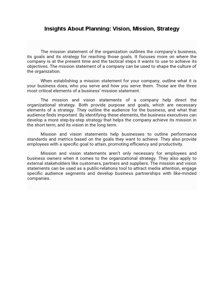 Insights About Planning - Vision, Mission, Strategy | PDF