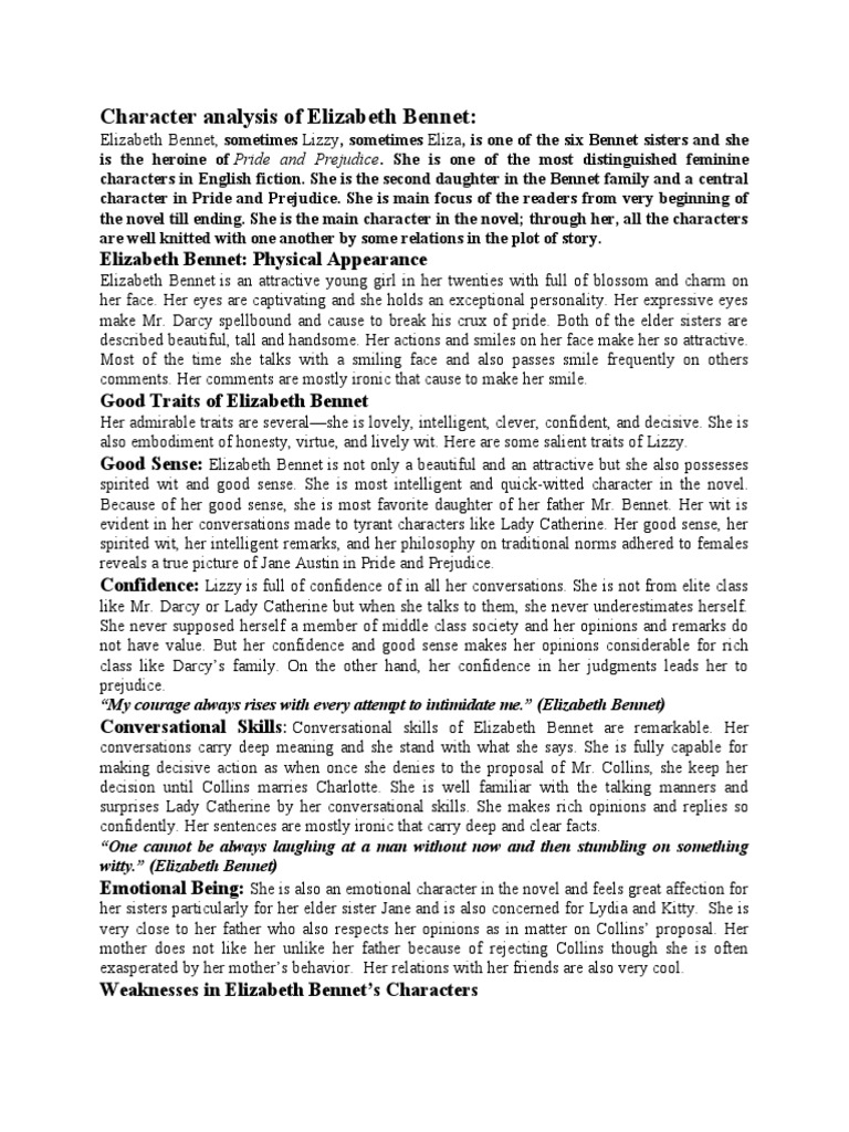 Character Analysis of Elizabeth and Darcy | PDF | Mr. Darcy | Elizabeth ...