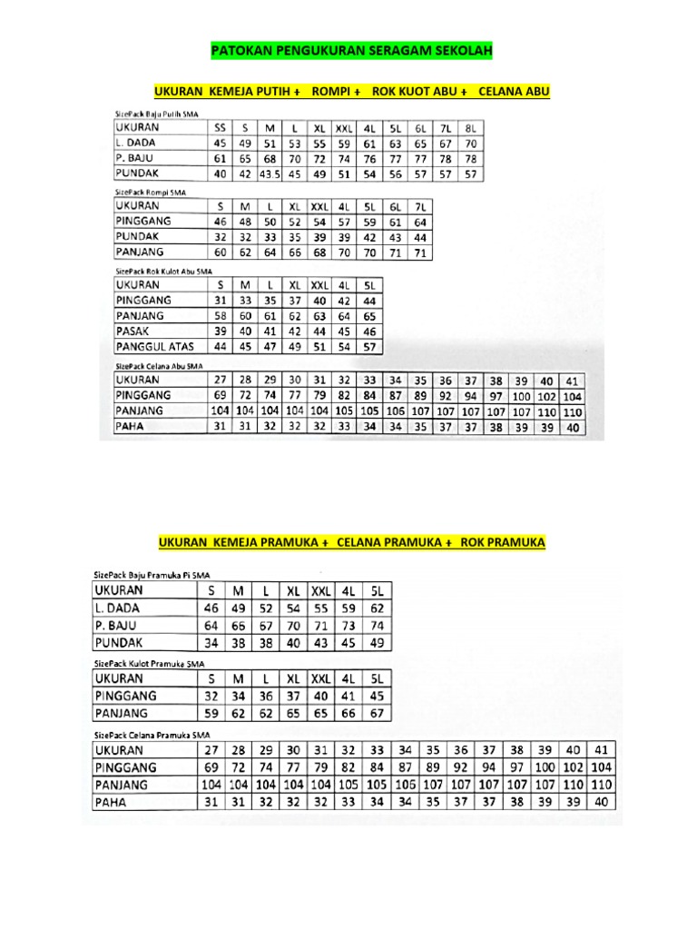 Ukuran Seragam Sekolah | PDF