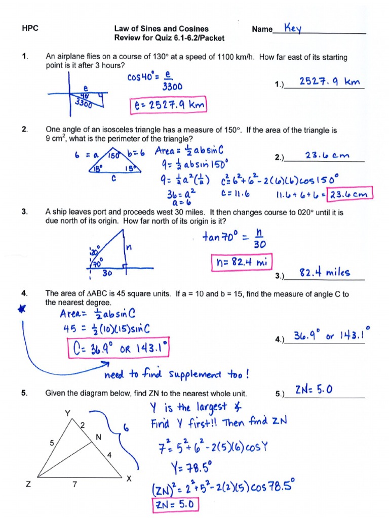 Law of Sines and Cosines Review SOLUTION KEY PDF