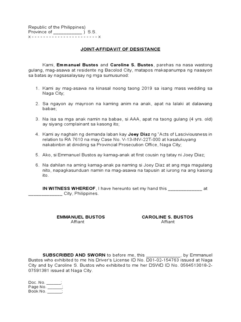 Affidavit of Desistance (Tagalog) PDF