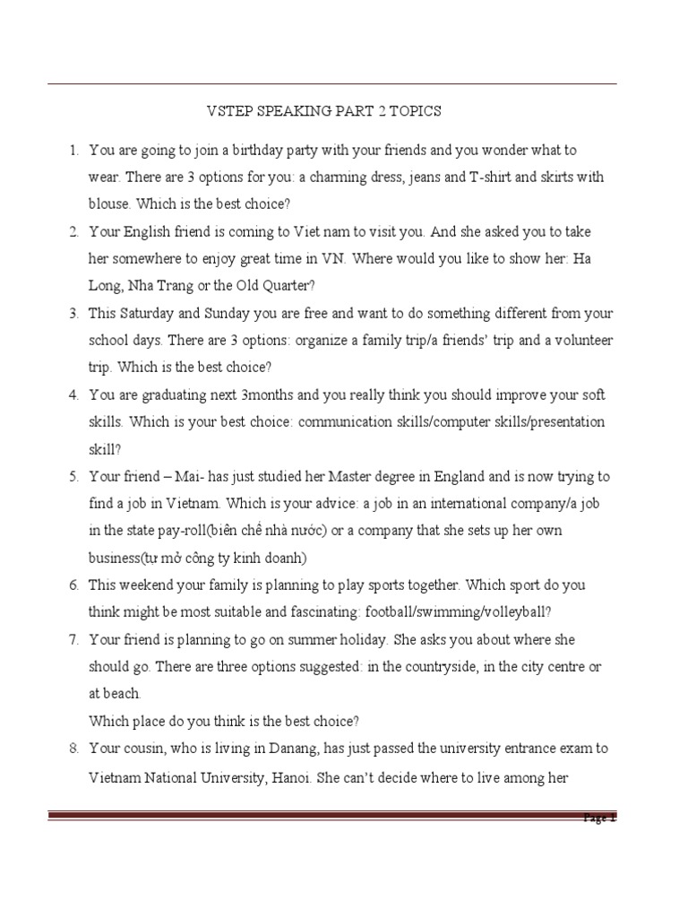 Vstep Speaking Part 3 Topics PDF