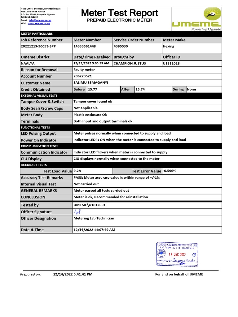 Meter Accuracy Test Report | PDF