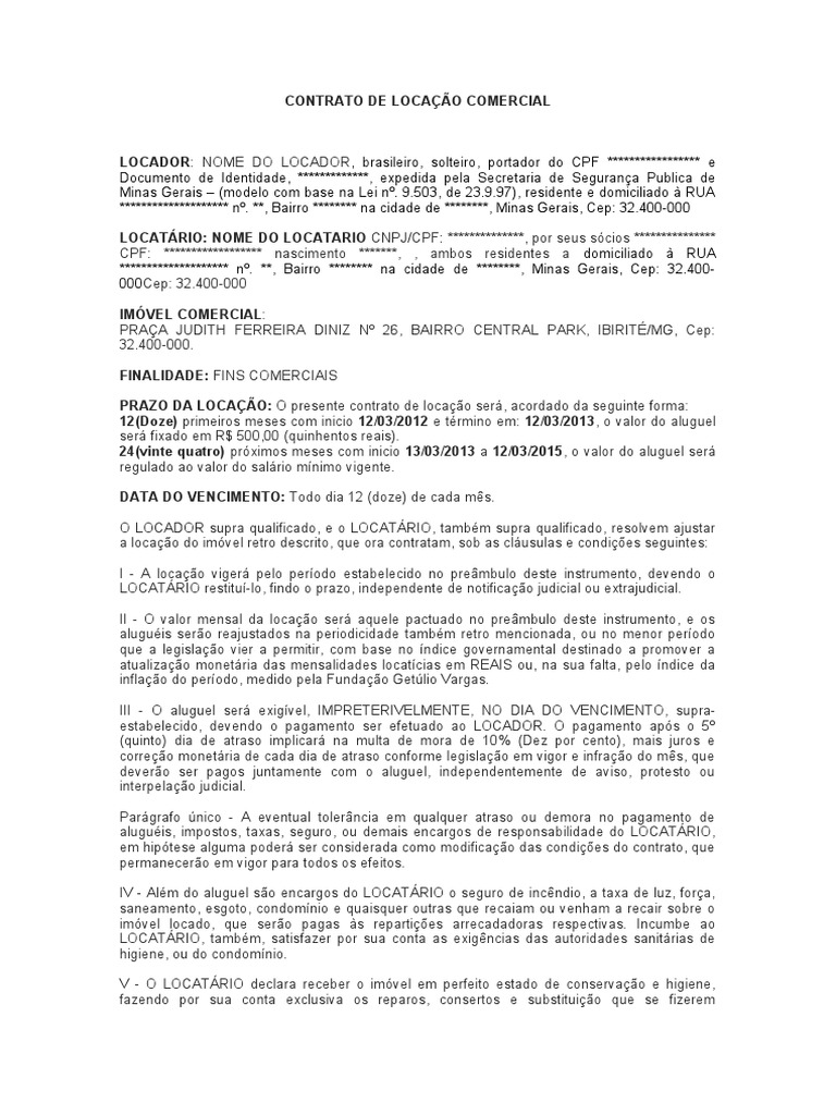 Modelo Contrato de Locação | PDF | Aluguel | Contabilidade de inflação