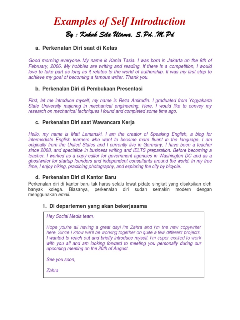 Self Introduction Examples | PDF