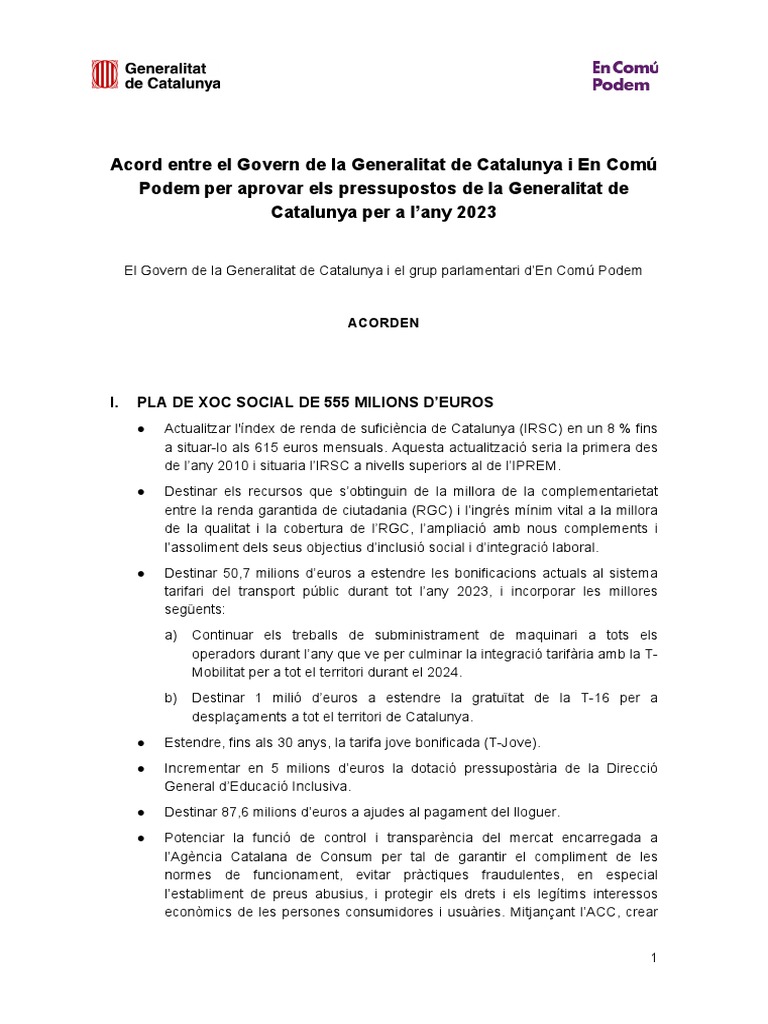 Acord Entre El Govern I Els Comuns Pels Pressupostos | PDF