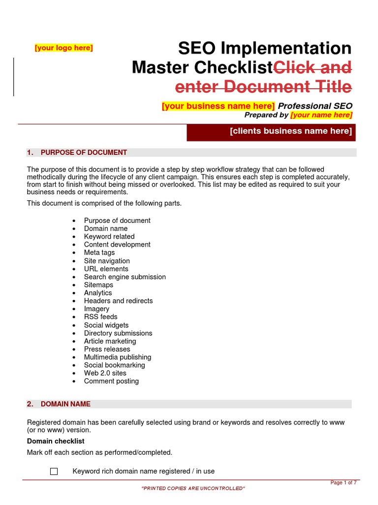 SEO Implementation Master Checklist | PDF | Search Engine Optimization ...