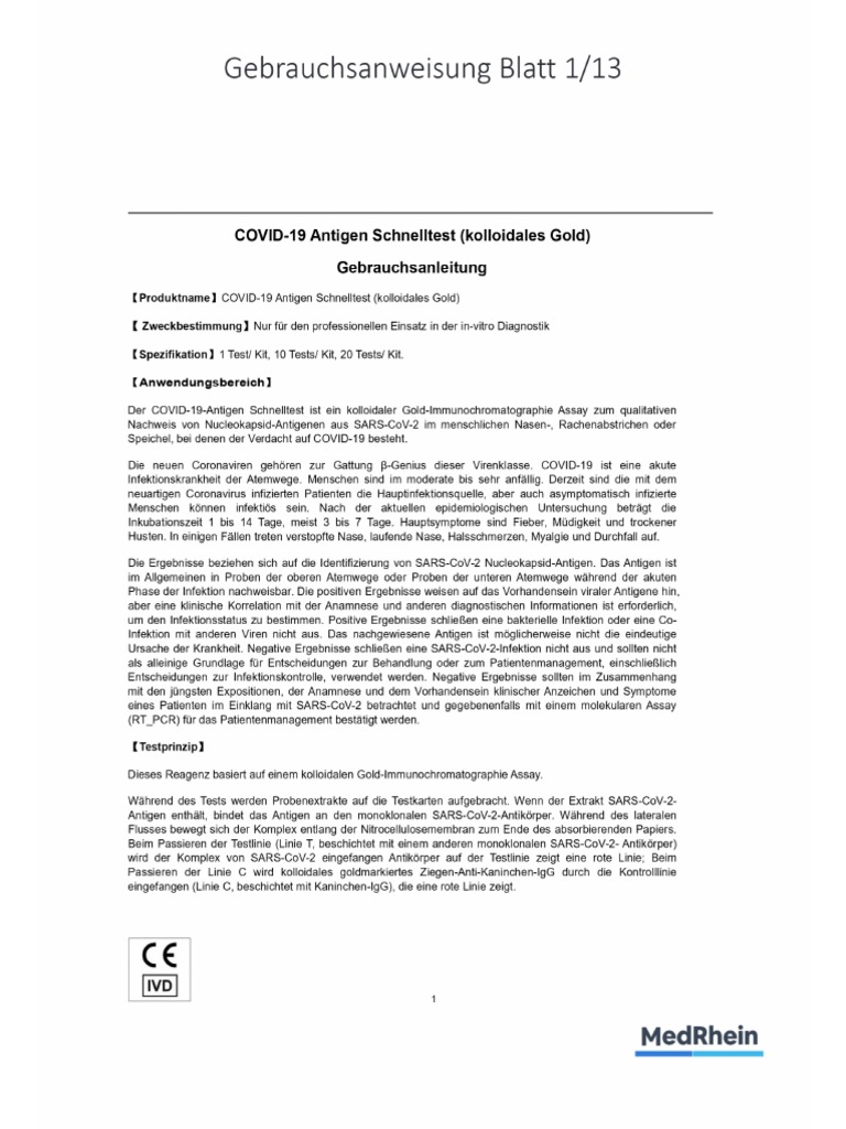 MedRhein TN20. A01 COVID 19 4in1 Antigen Schnelltest Gebrauchsanweisung
