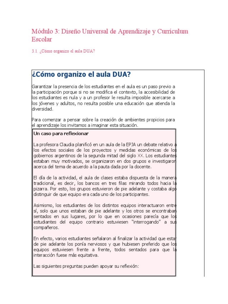 Organización del Aula DUA para Aprendizaje | PDF | Salón de clases ...