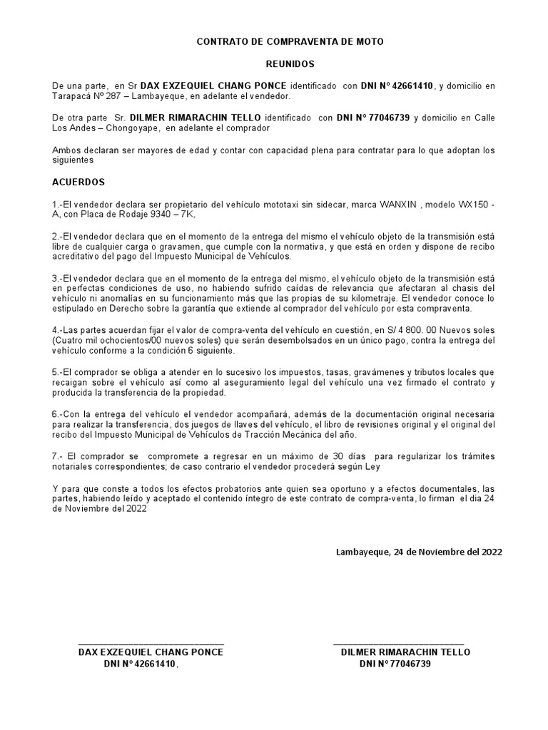 Contrato de Compraventa de Mototaxi | PDF | Negocios | Finanzas y dinero