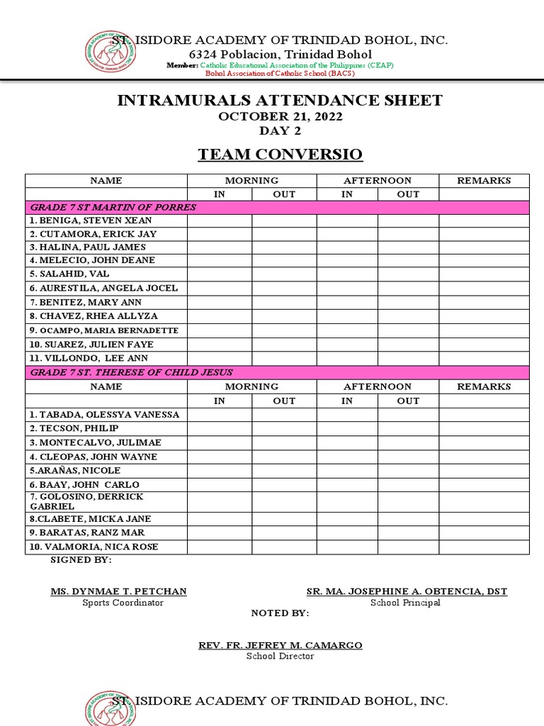 Intramurals Attendance Sheet 2022 | PDF | Catholic Church