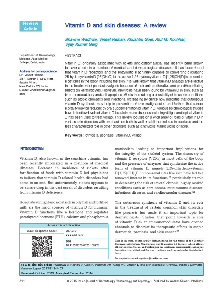 Vitamin D and Skin Diseases A Review PDF Vitamin D Psoriasis