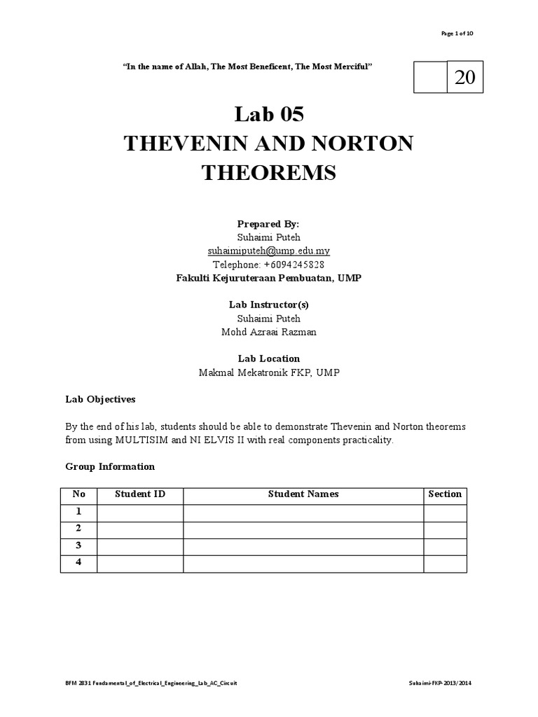 Lab 5 Thevenin - Norton Theorem | PDF | Electrical Network | Network ...