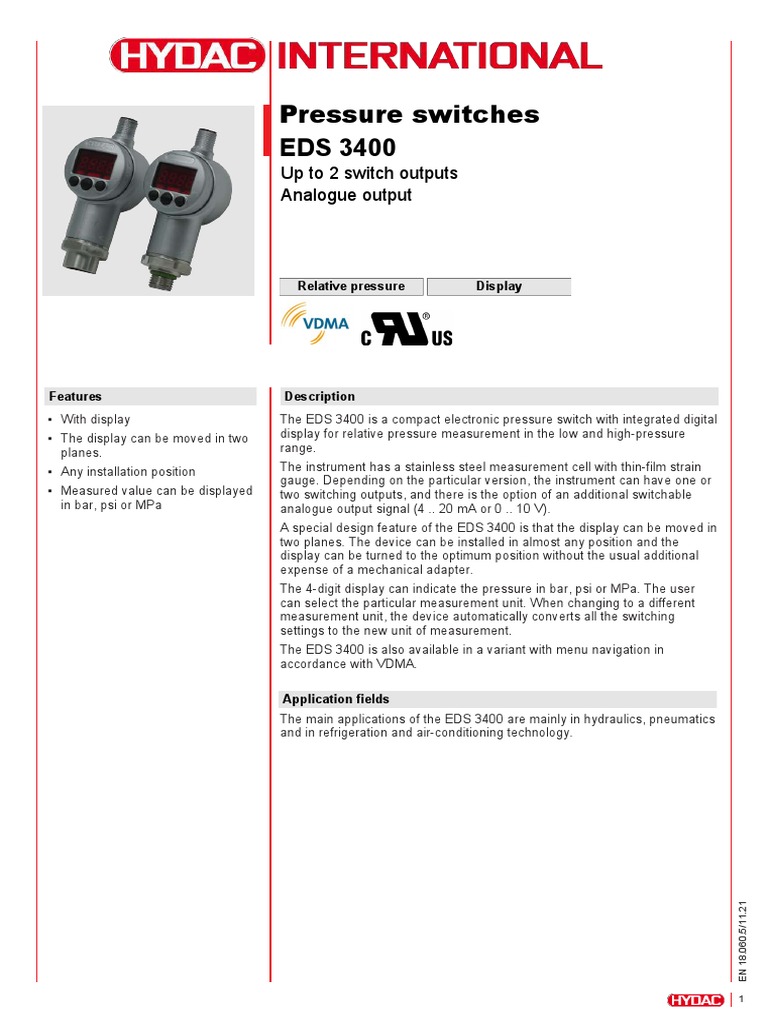Pressure Switches Up To 2 Switch Outputs Analogue Output PDF Electrical Connector Power