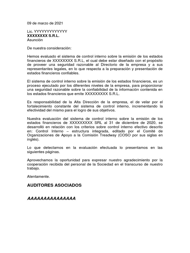 Ejemplo Informe de Evaluación de Control Interno | PDF | Presupuesto ...