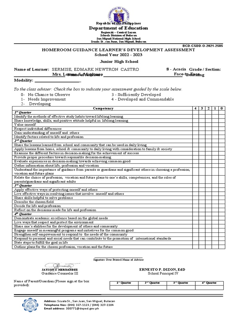 Homeroom Guidance Learners Development Assessment 2022 2023 Pdf