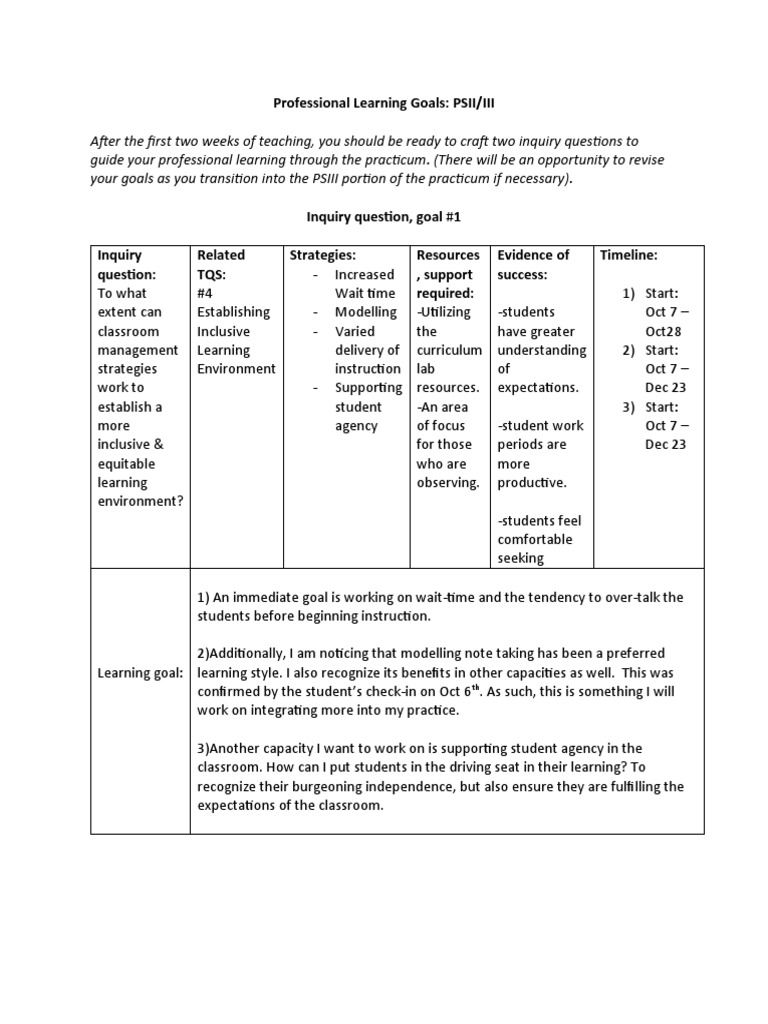 Professional Learning Goals Psii III PDF Curriculum Learning