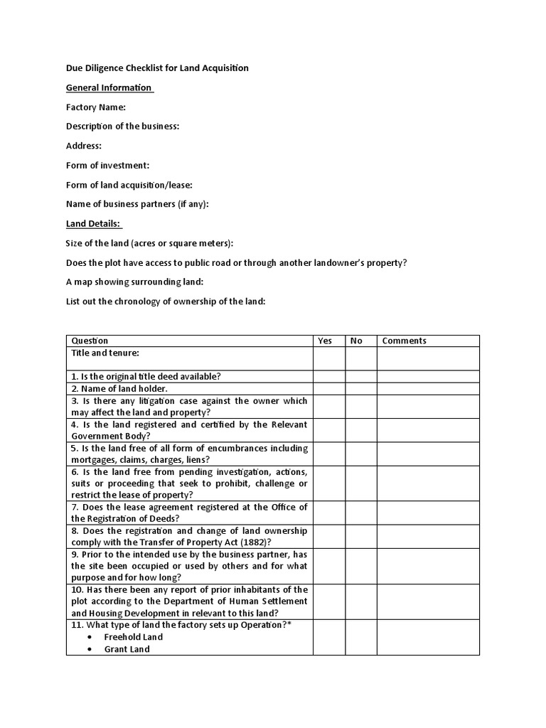 Due Diligence Checklist For Land Acquisition PDF Justice Crime