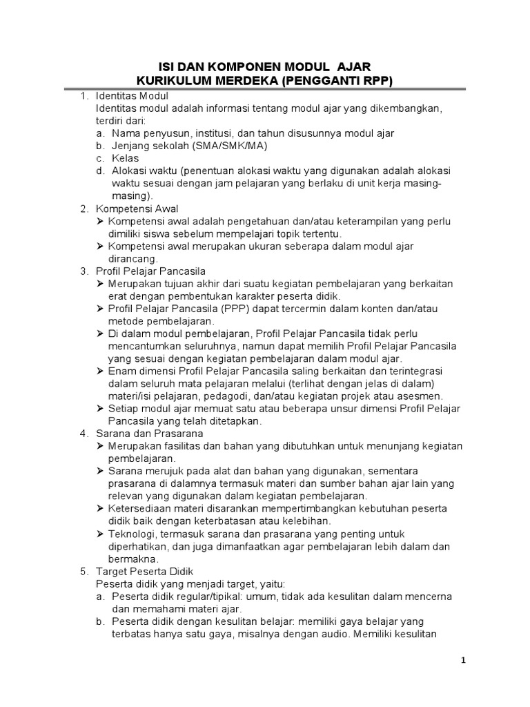 KOMPONEN DAN ISINYA MODUL AJAR KURIKULUM MERDEKA | PDF
