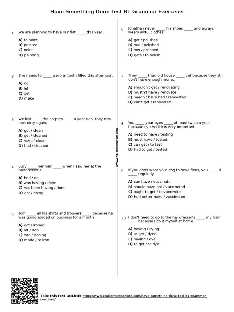 494 Have Something Done Test B1 Grammar Exercises Pdf Clothing