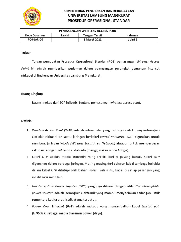 Jar-06. SOP Pemasangan Wireless Access Point | PDF
