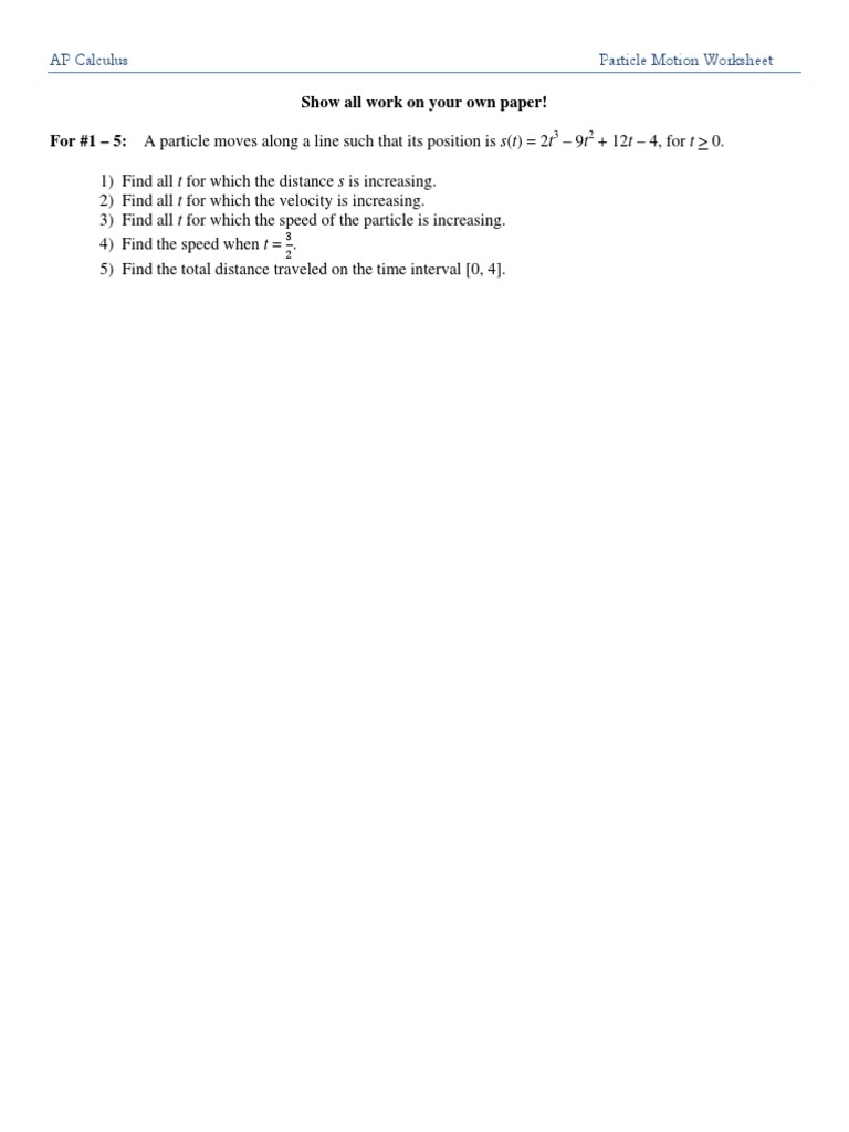 W Particle Motion WS & KEY-trang-1-5 | PDF | Speed | Acceleration
