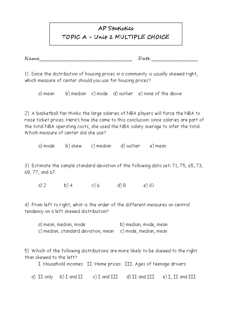 AP Statistics Unit 1 Practice Test | PDF | Skewness | Mode (Statistics)