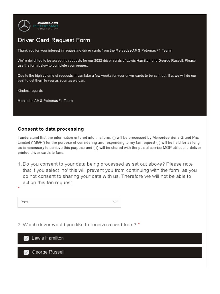 Mercedes F1 Driver Card Request Form | PDF