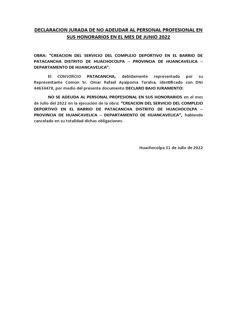Declaración Jurada de No Adeudo 2022 | PDF