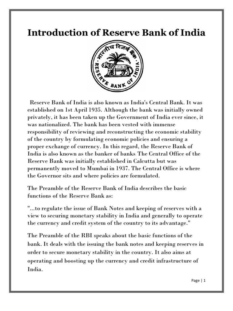 Introduction Of Reserve Bank Of India Reserve Bank Of India