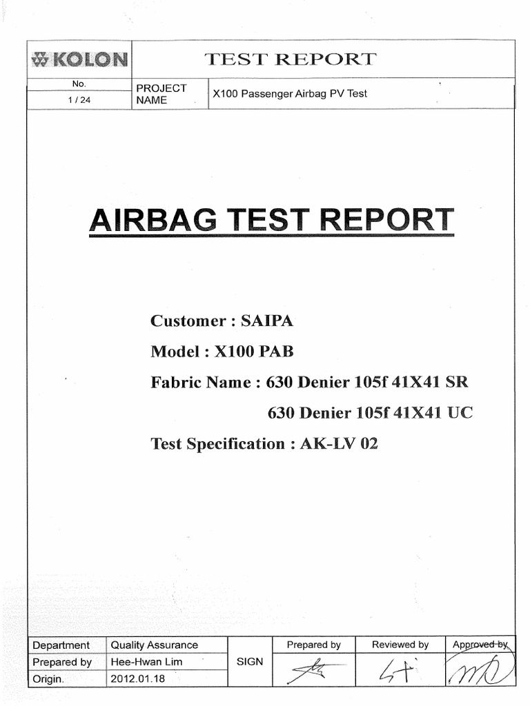 Airbag Test Report (AkLv02) PDF Airbag Textiles